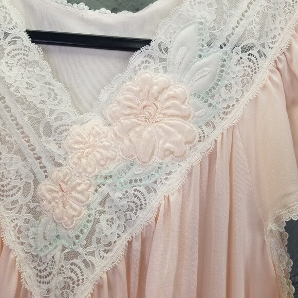 Vintage Shadowline Night Gown Sz S Maxi Peach Pink Nylon Puffy Flower USA NEW - Picture 2 of 16